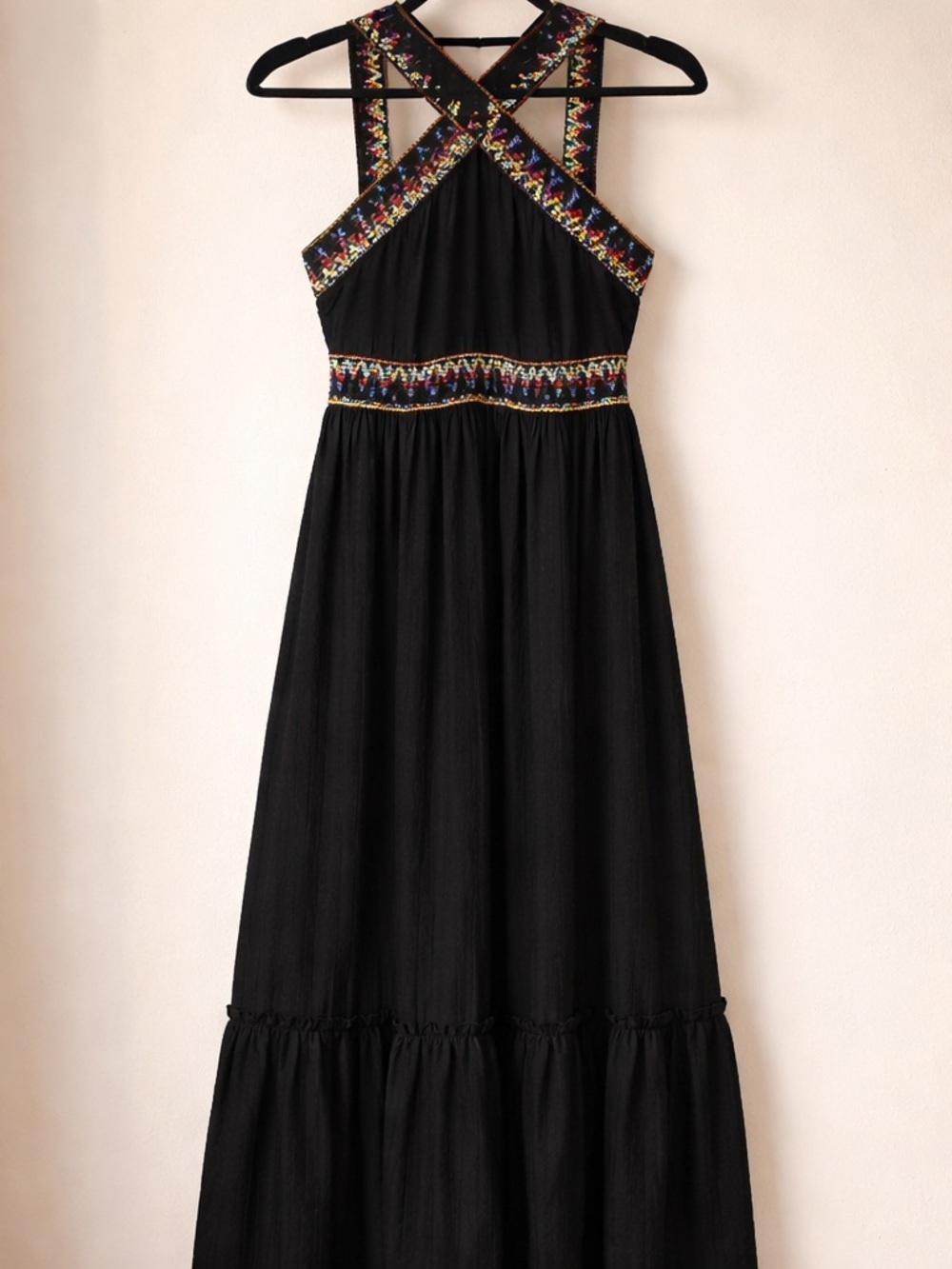 SHEIN Black Maxi Dress with Colorful Embroidered Straps